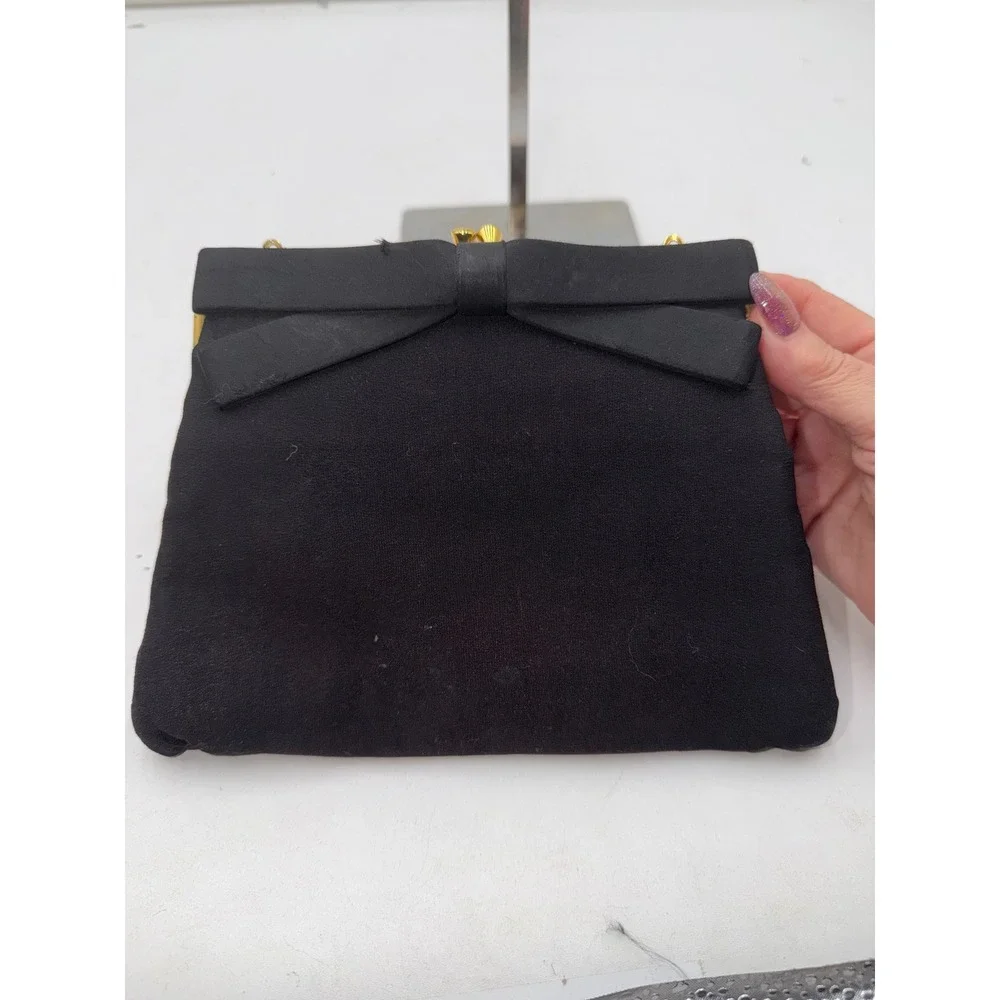 Peck & Peck Vintage Fifth Avenue Black Silk Crepe Bow Evening Bag Gold Chain